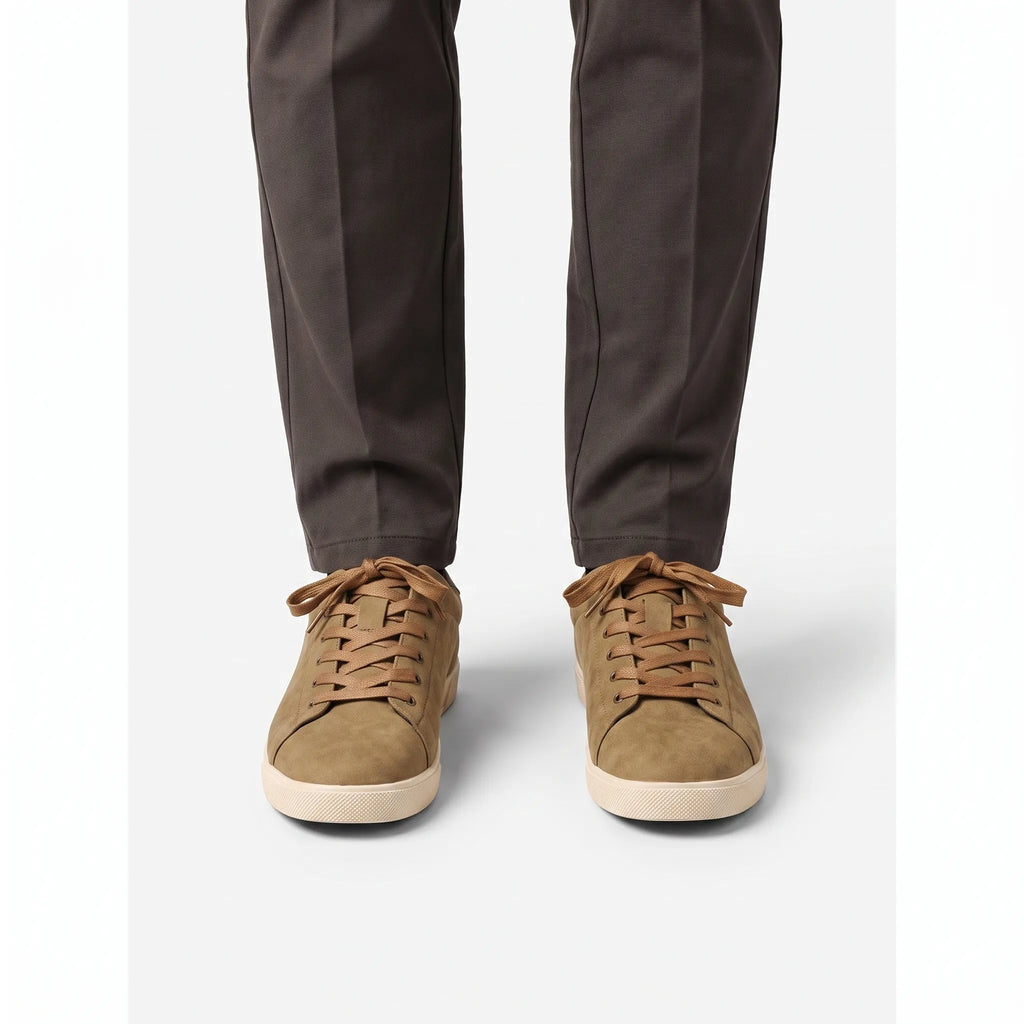 Men's low-top lace-up trainers with textured uppers and flat dark soles