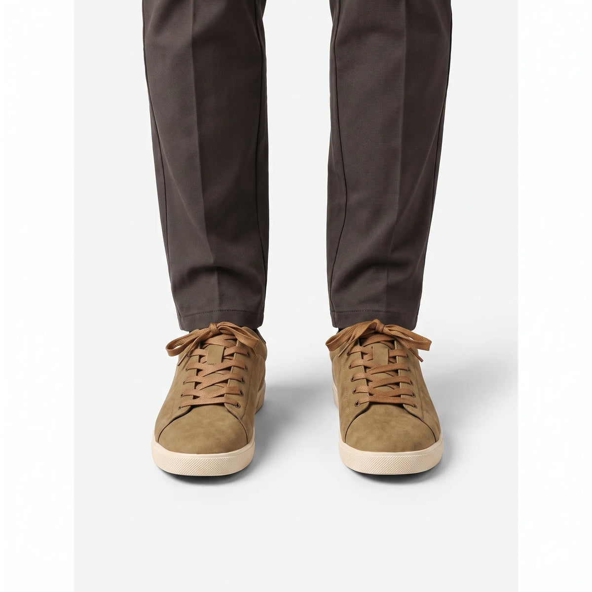Men's low-top lace-up trainers with textured uppers and flat dark soles