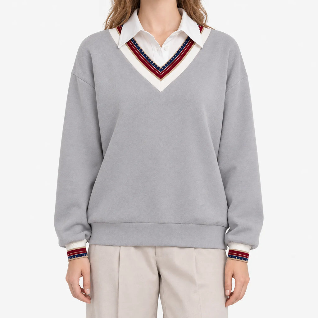 Women's grey sweatshirt with collared V-neck and striped trim