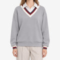 Women's grey sweatshirt with collared V-neck and striped trim