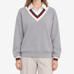 Women's grey sweatshirt with collared V-neck and striped trim