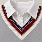 Women's grey sweatshirt with collared V-neck and striped trim