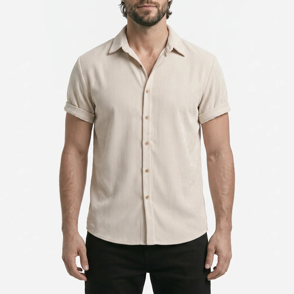 Men's short sleeve textured shirt with open collar and button front
