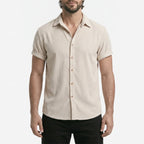 Men's short sleeve textured shirt with open collar and button front
