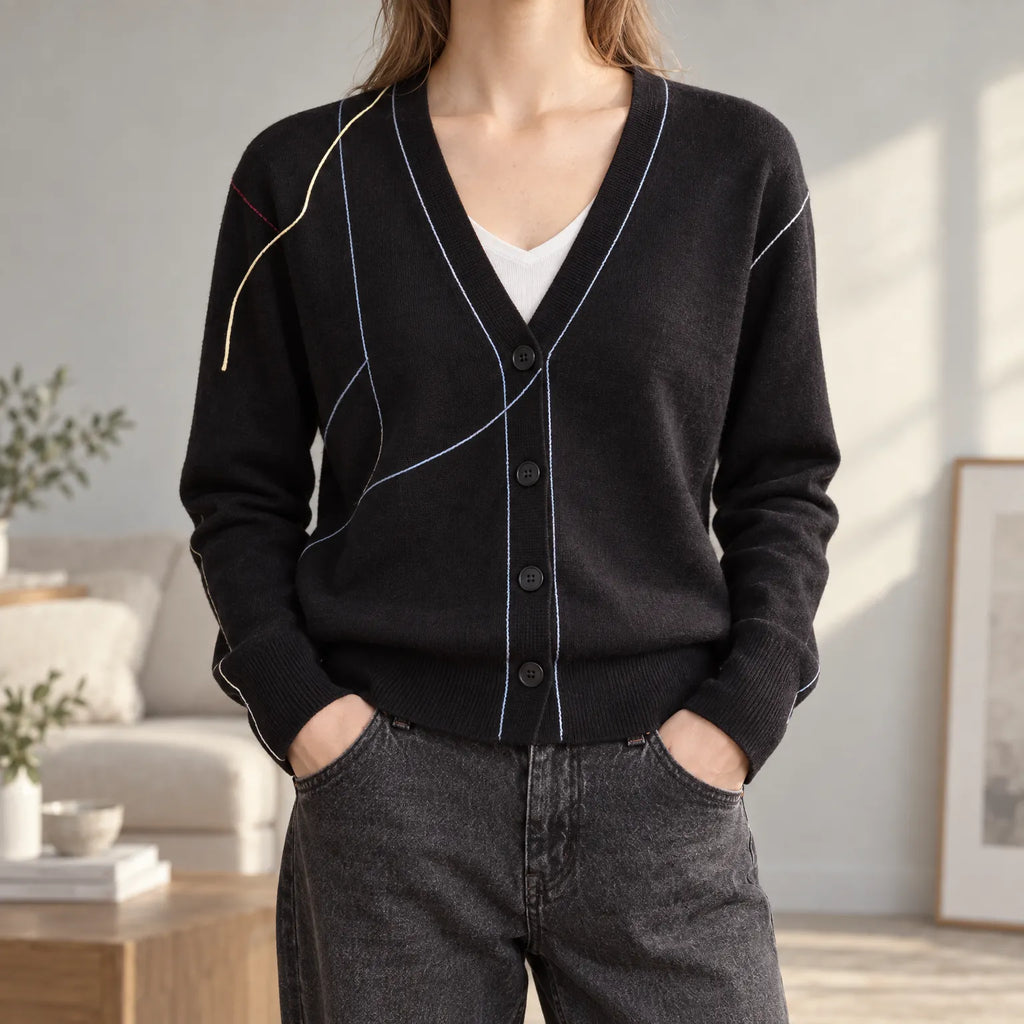 Women's abstract knit cardigan with V-neck, buttons and long sleeves