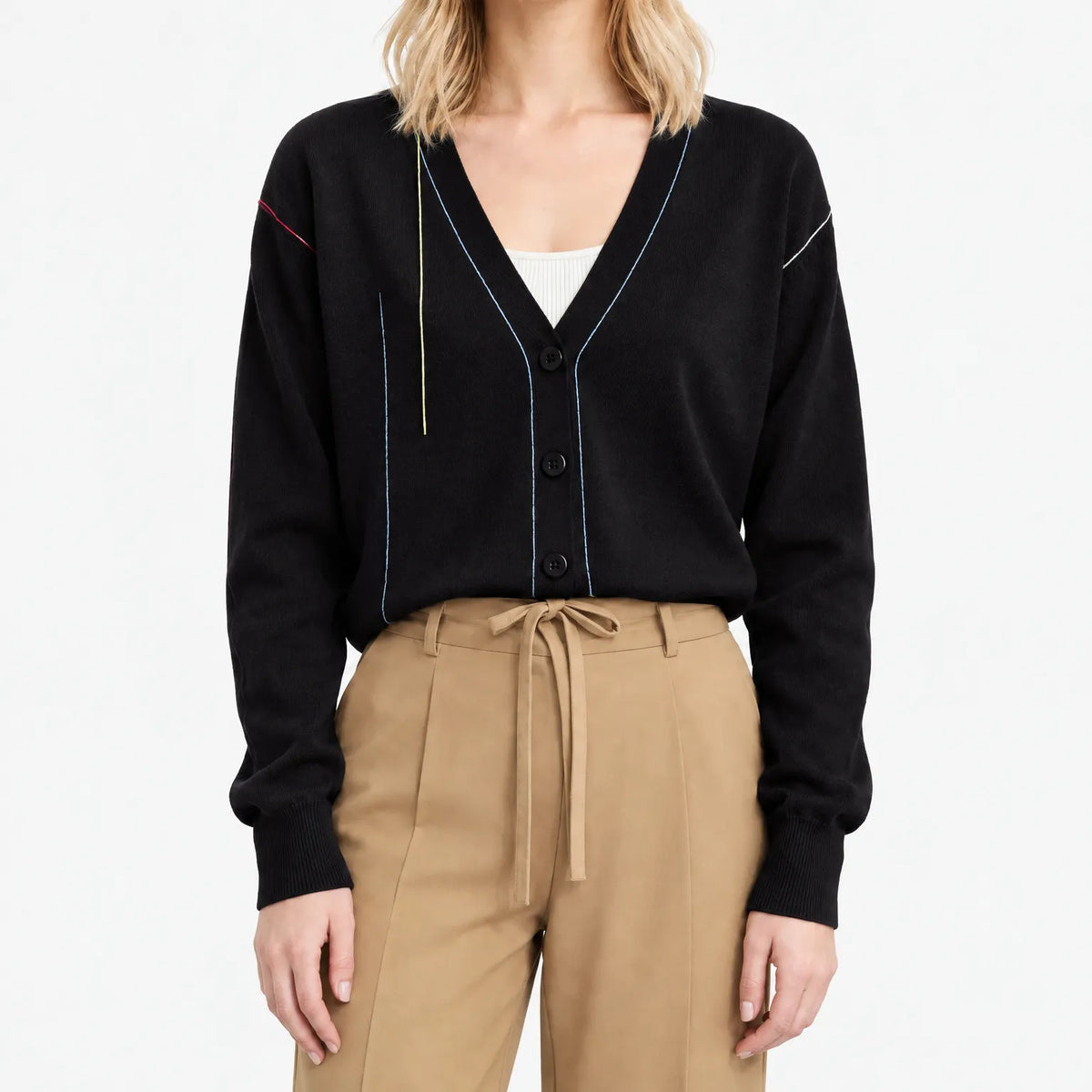 Women's abstract knit cardigan with V-neck, buttons and long sleeves