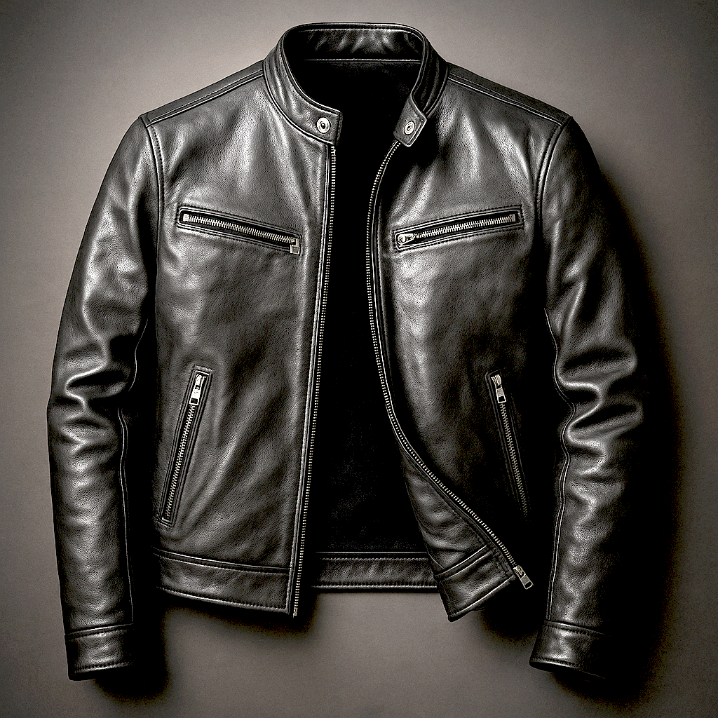 Men's vintage biker jacket with stand collar and zipped pockets