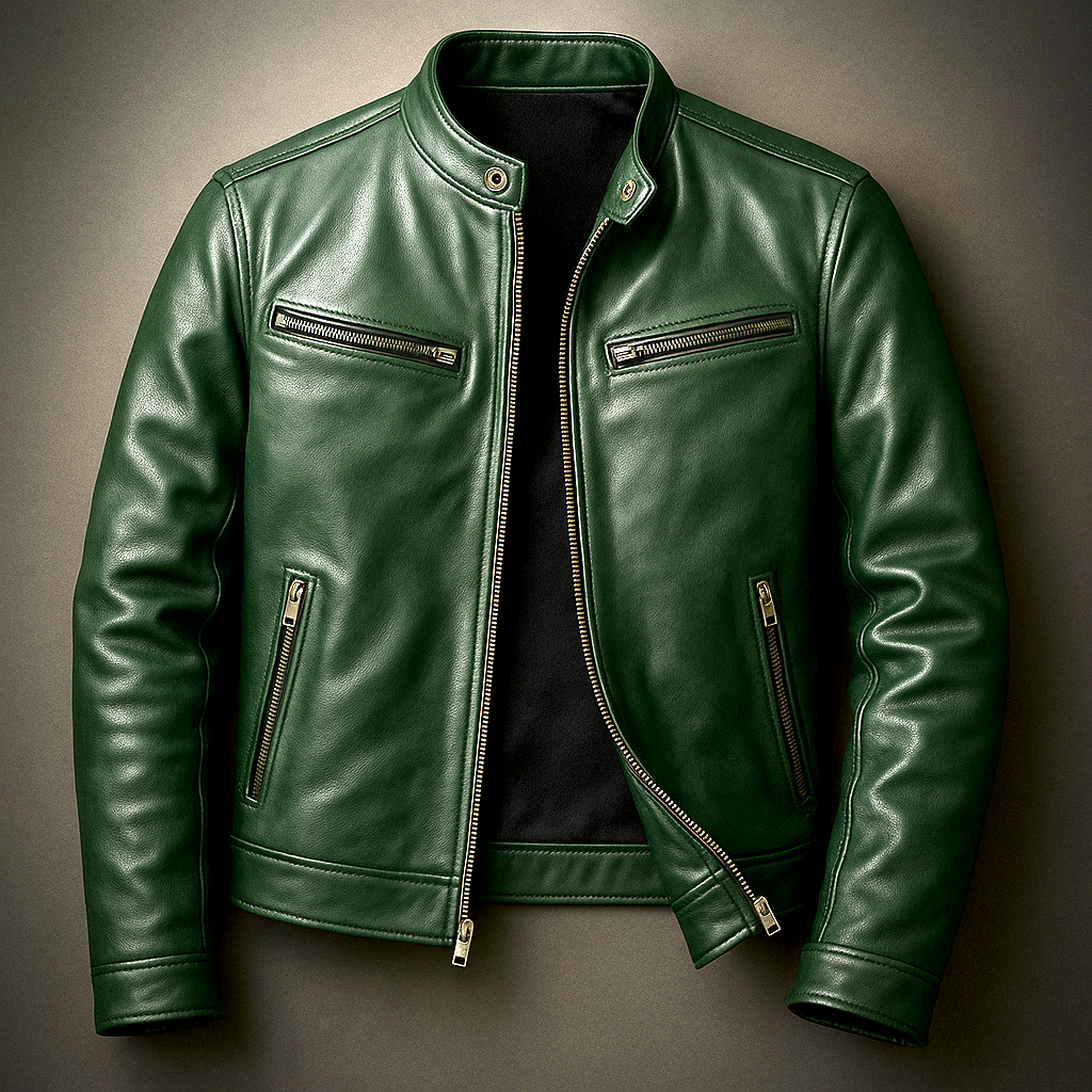 Men's vintage biker jacket with stand collar and zipped pockets