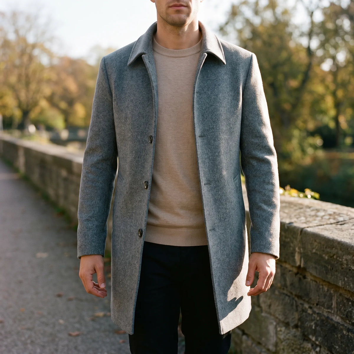Men's slim fit single-breasted overcoat with pointed collar and button front