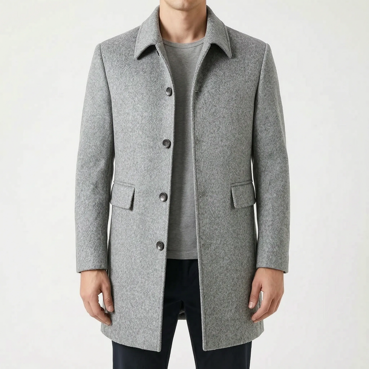 Men's slim fit single-breasted overcoat with pointed collar and button front