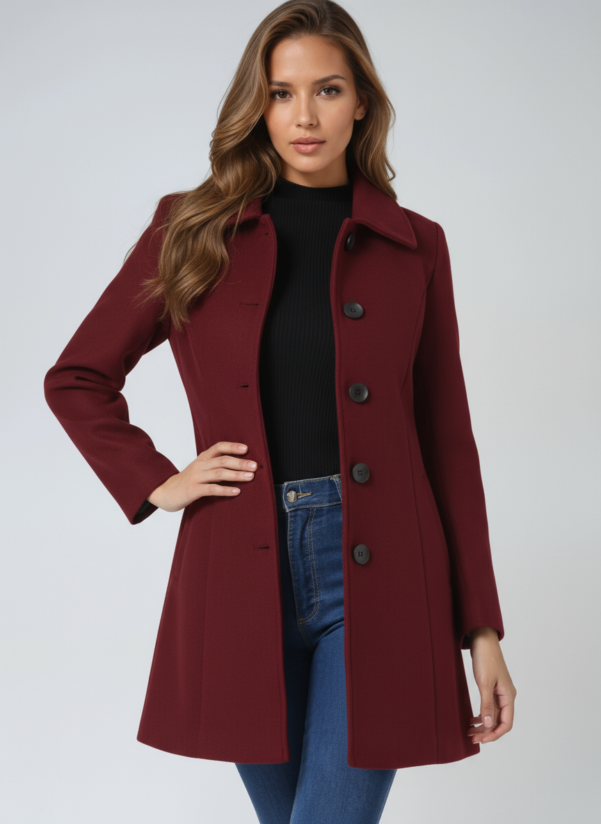 Women's single-breasted long coat with notched collar and button fastening