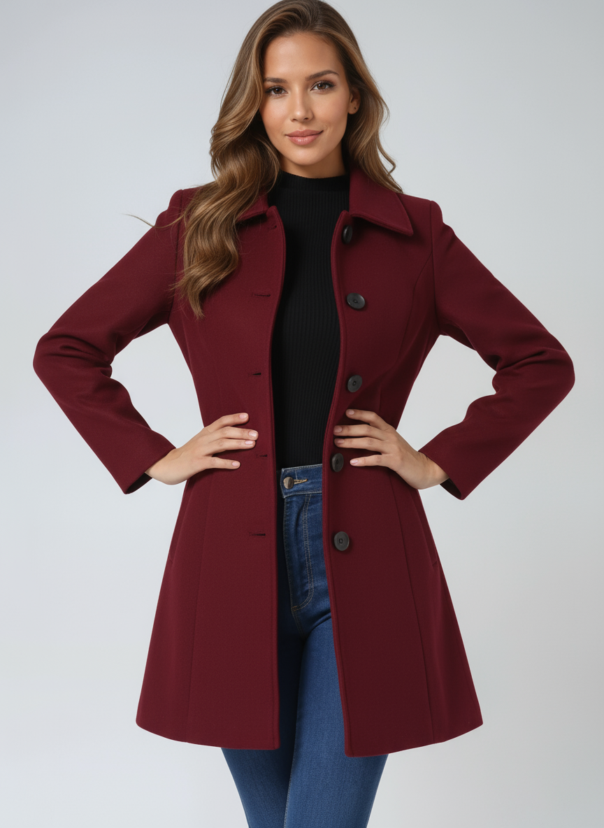 Women's single-breasted long coat with notched collar and button fastening