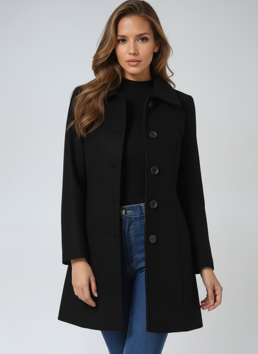 Women's single-breasted long coat with notched collar and button fastening