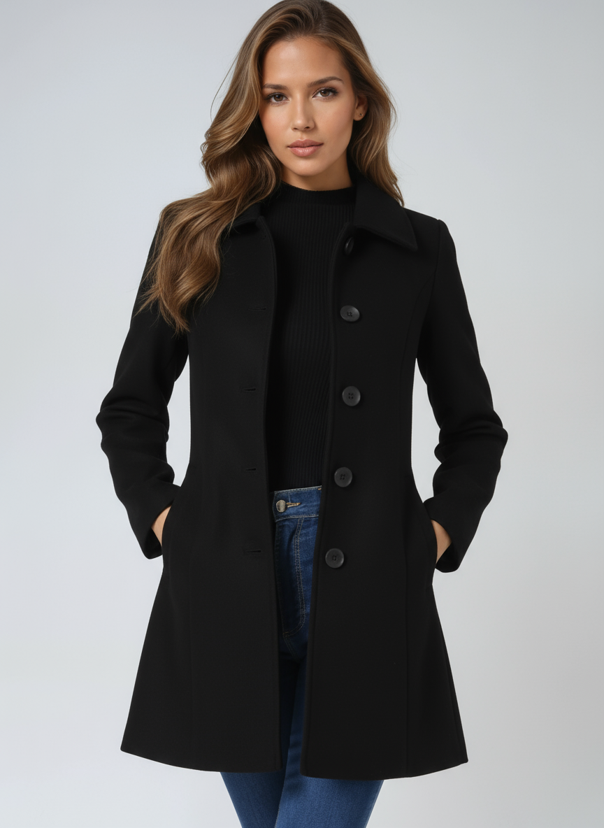 Women's single-breasted long coat with notched collar and button fastening