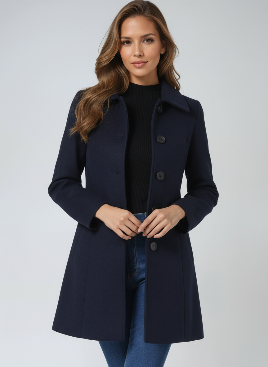 Women's single-breasted long coat with notched collar and button fastening