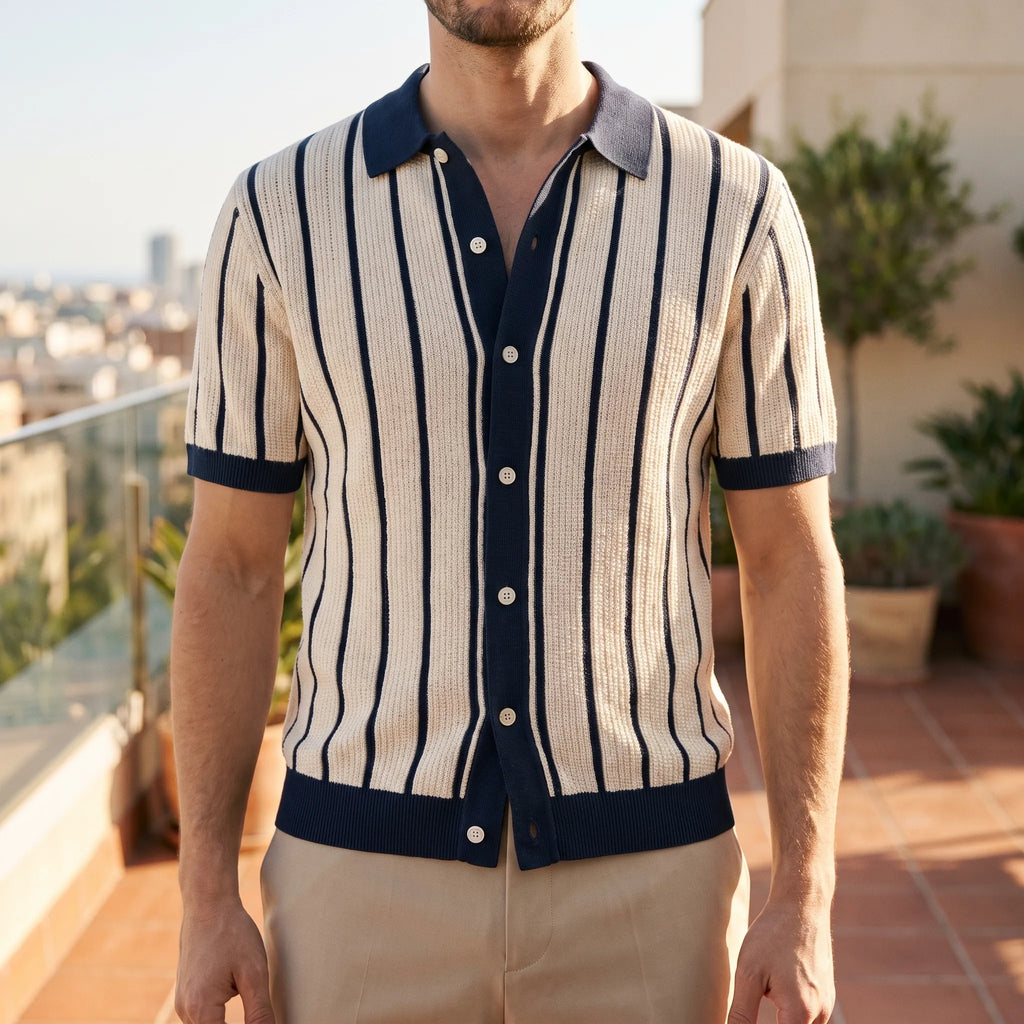 Men's striped knitted polo shirt with short sleeves and button front