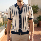 Men's striped knitted polo shirt with short sleeves and button front