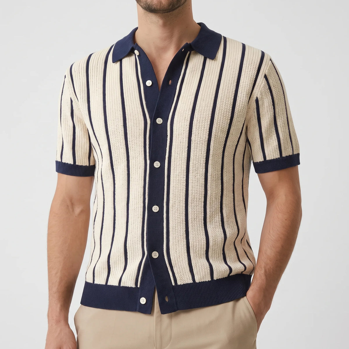 Men's striped knitted polo shirt with short sleeves and button front