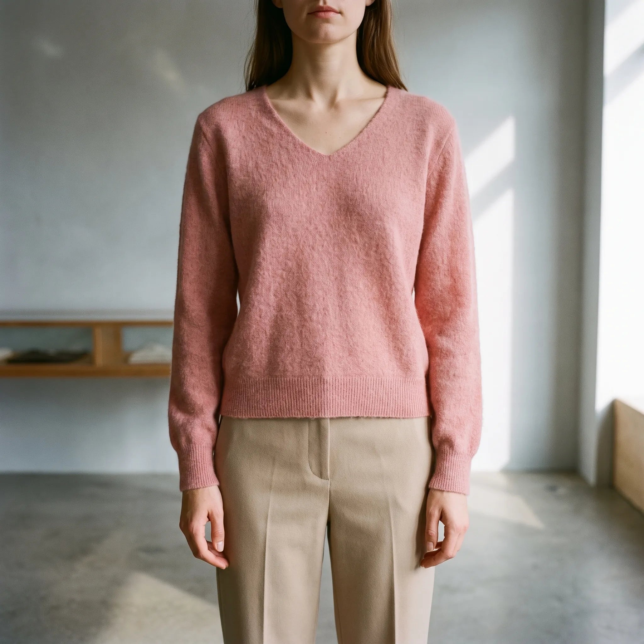 Vespera  - Brushed V-Neck Women's Jumper Layering Over Collared Shirts