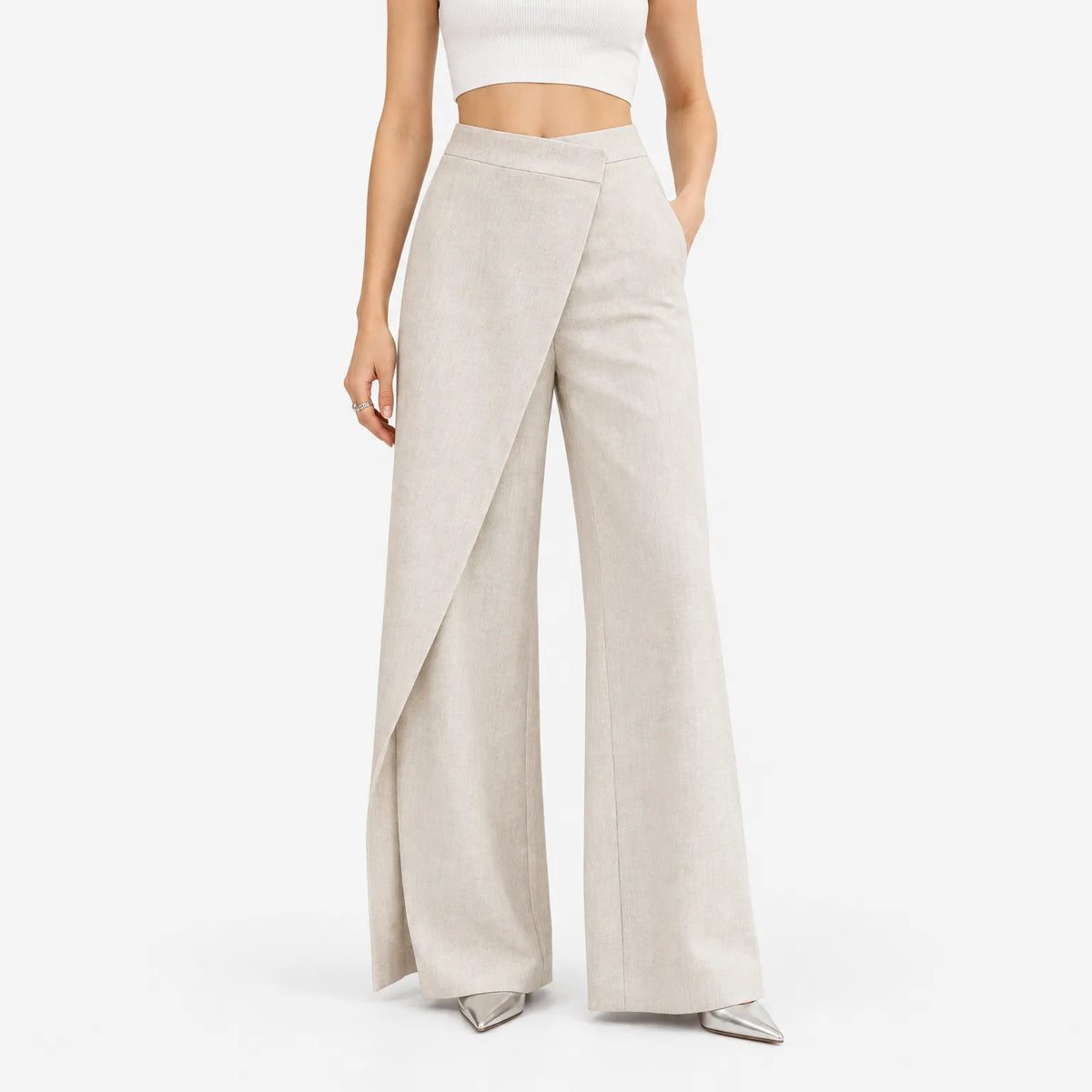 Women's high-waisted wide-leg trousers with an asymmetric wrap front