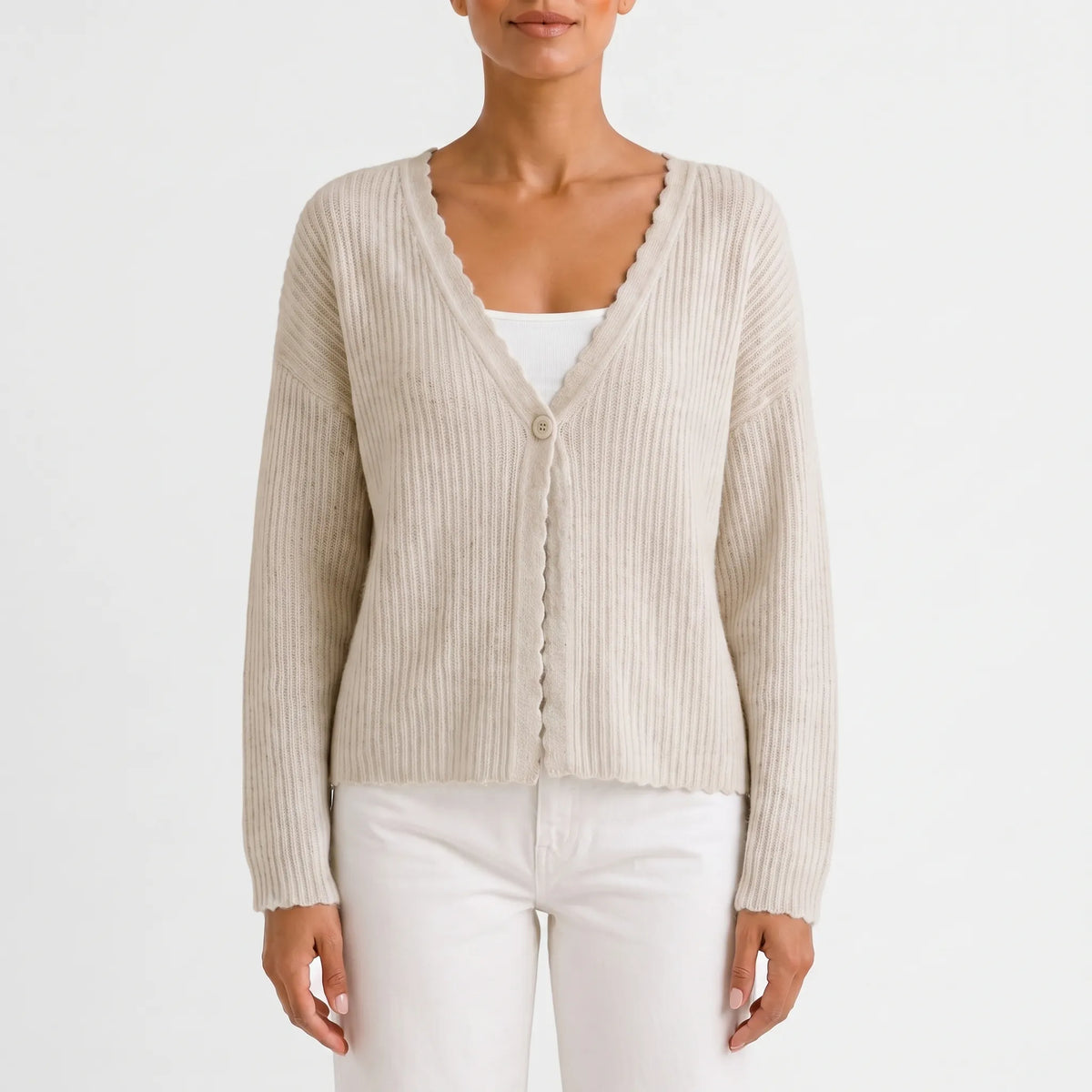Women's light blue ribbed V-neck cardigan with long sleeves and scalloped trim
