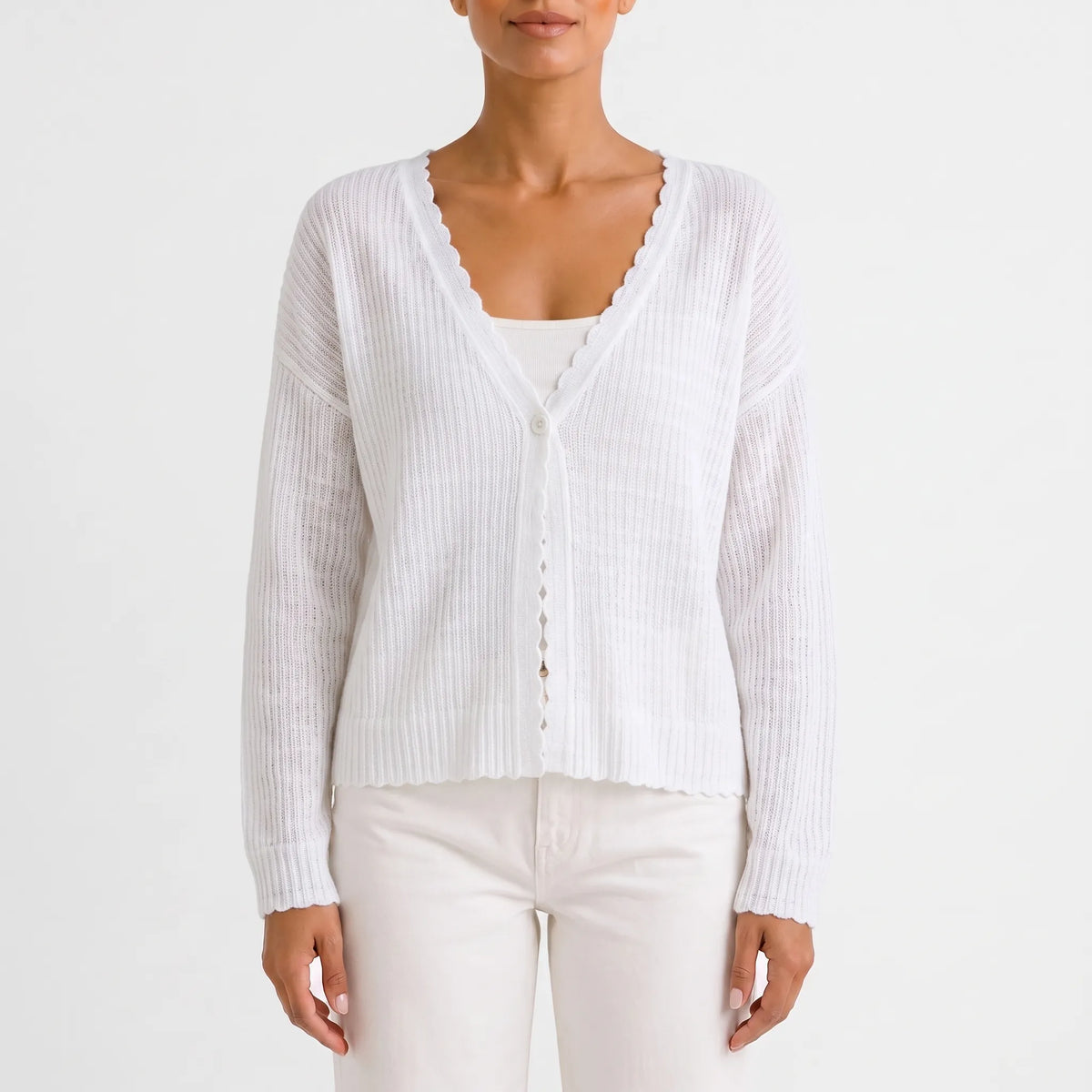 Women's light blue ribbed V-neck cardigan with long sleeves and scalloped trim