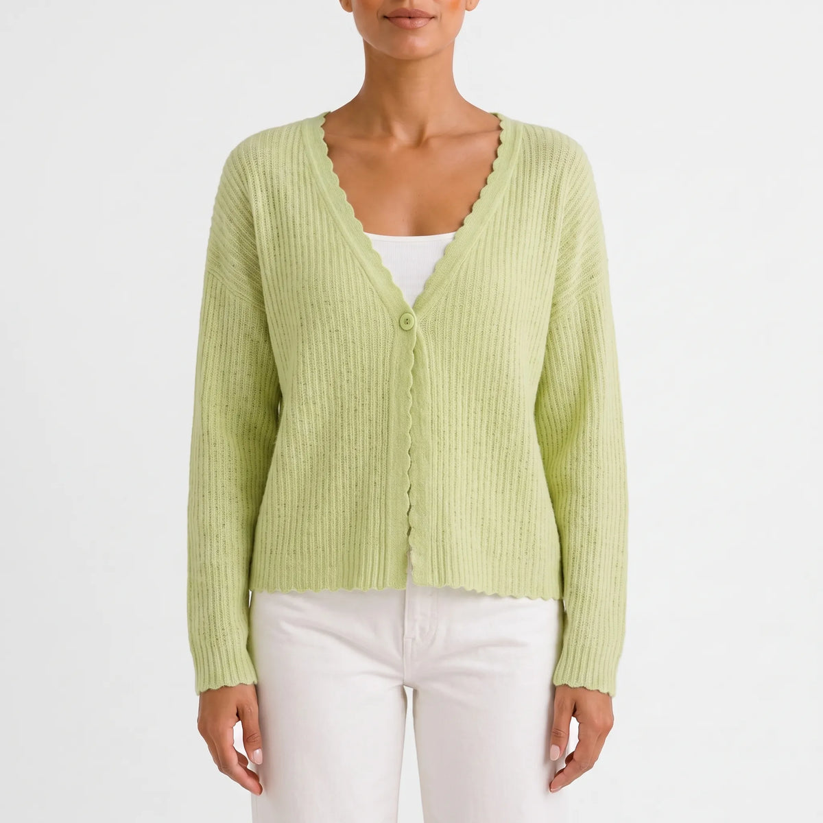 Women's light blue ribbed V-neck cardigan with long sleeves and scalloped trim