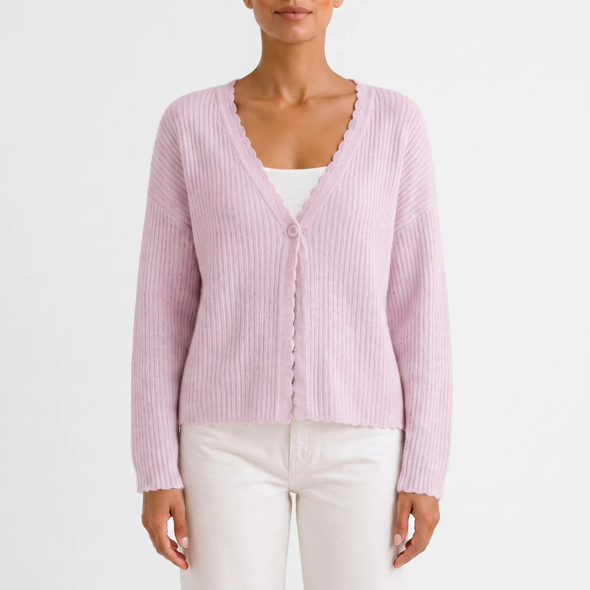 Women's light blue ribbed V-neck cardigan with long sleeves and scalloped trim