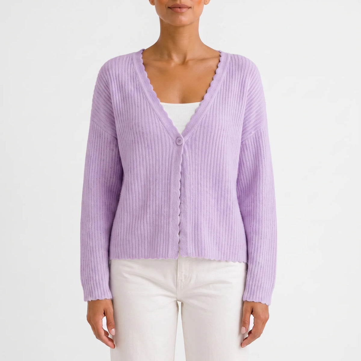 Women's light blue ribbed V-neck cardigan with long sleeves and scalloped trim