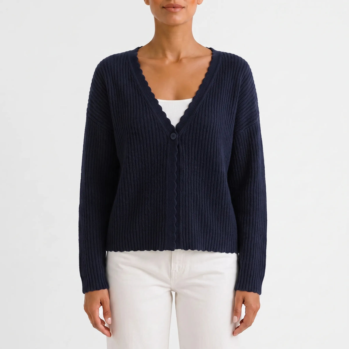 Women's light blue ribbed V-neck cardigan with long sleeves and scalloped trim