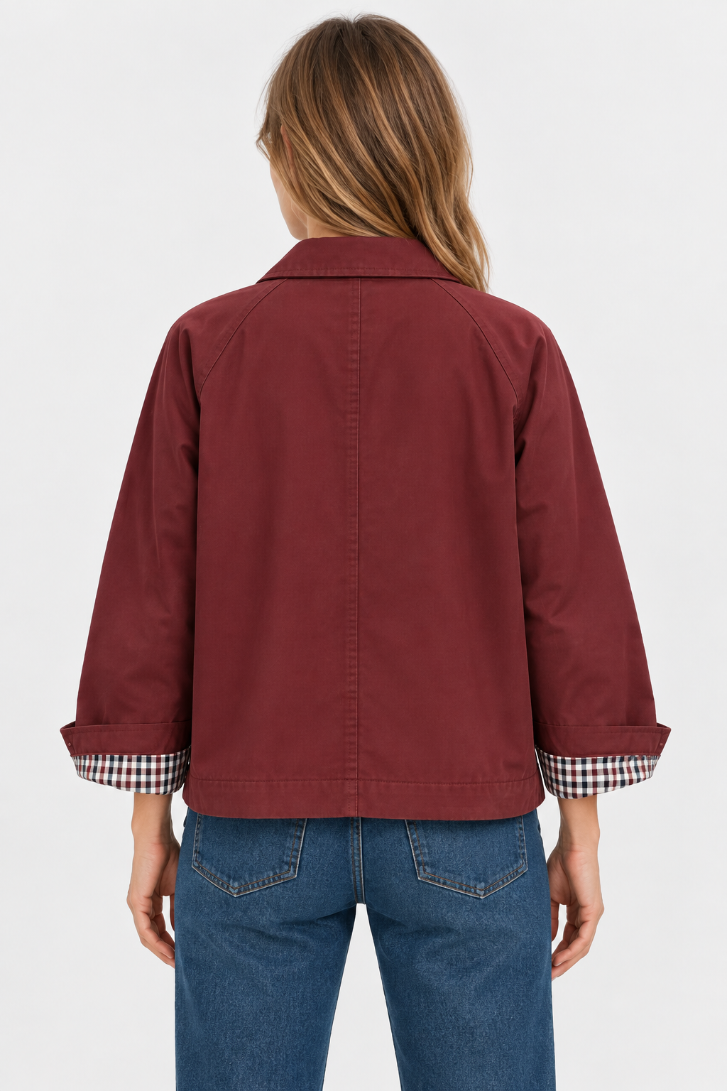 Women's short trench jacket with button front, patch pockets and checked turn-back cuffs