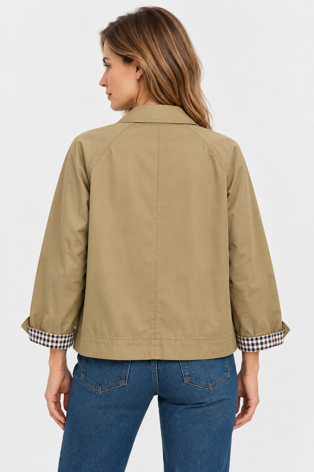 Women's short trench jacket with button front, patch pockets and checked turn-back cuffs