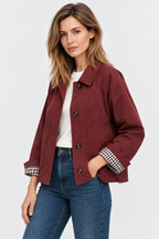 Women's short trench jacket with button front, patch pockets and checked turn-back cuffs