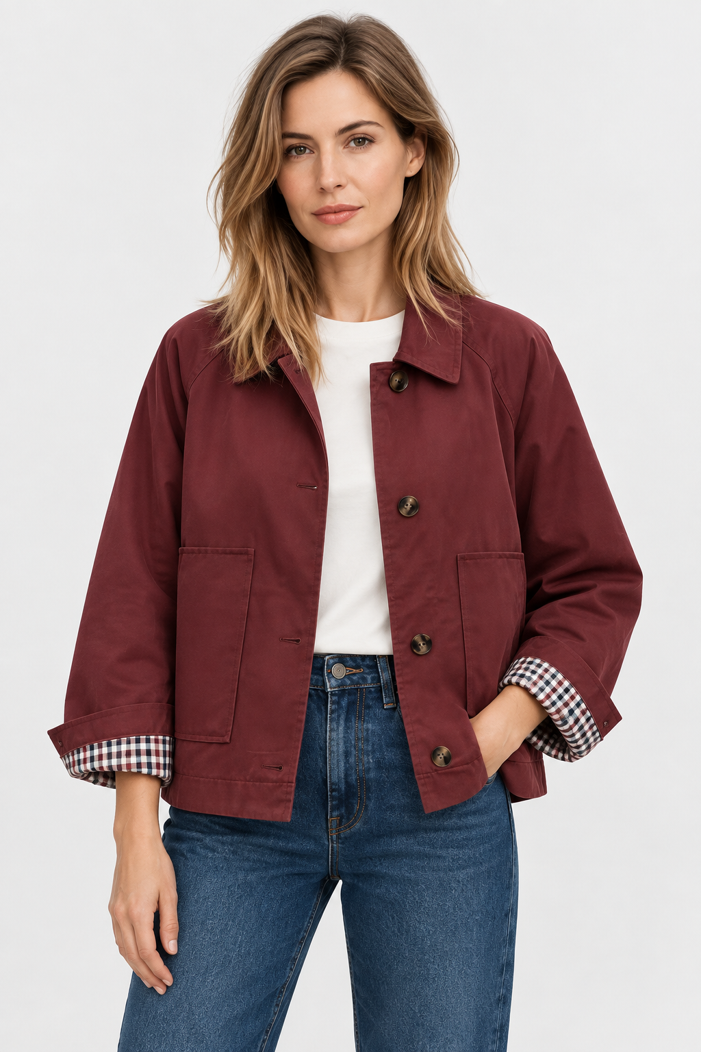 Women's short trench jacket with button front, patch pockets and checked turn-back cuffs