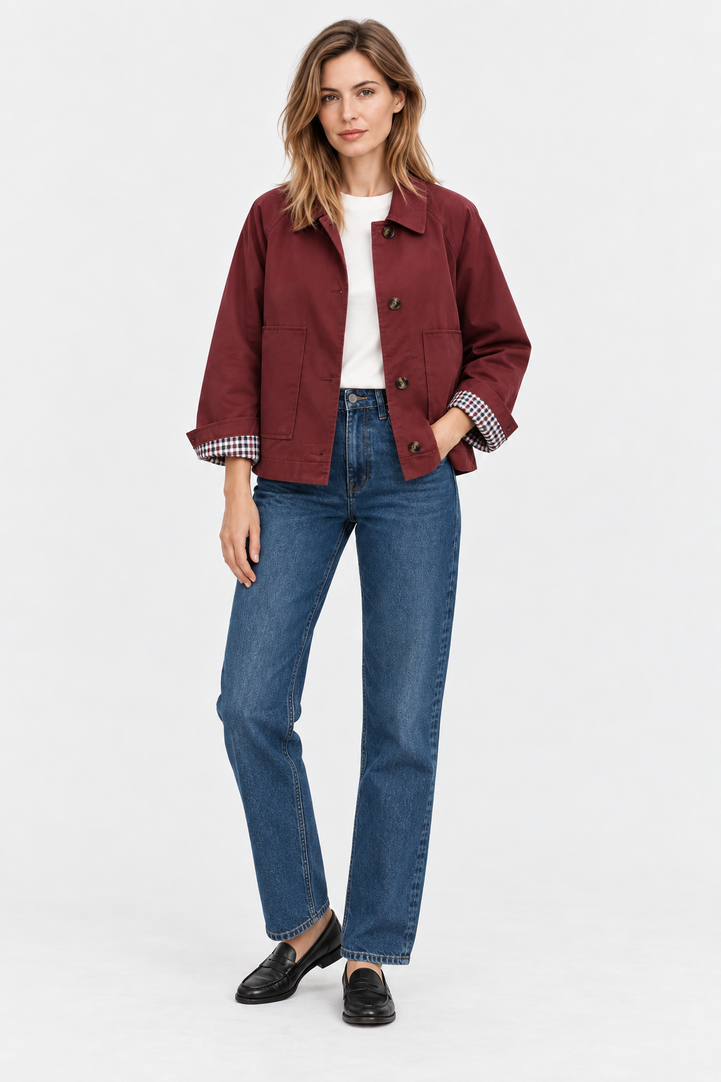 Women's short trench jacket with button front, patch pockets and checked turn-back cuffs