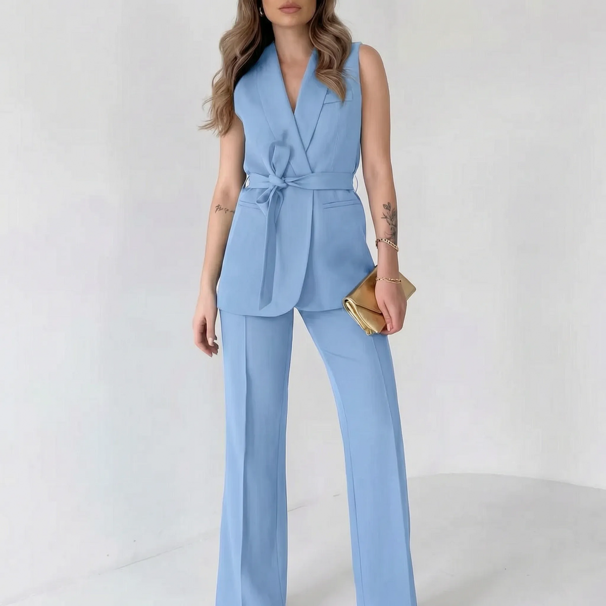 Women's sleeveless wrap waist trouser suit with wide-leg trousers
