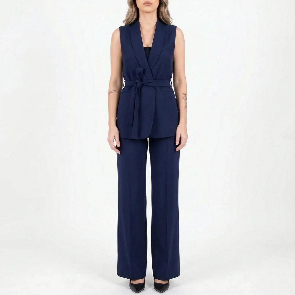 Women's sleeveless wrap waist trouser suit with wide-leg trousers