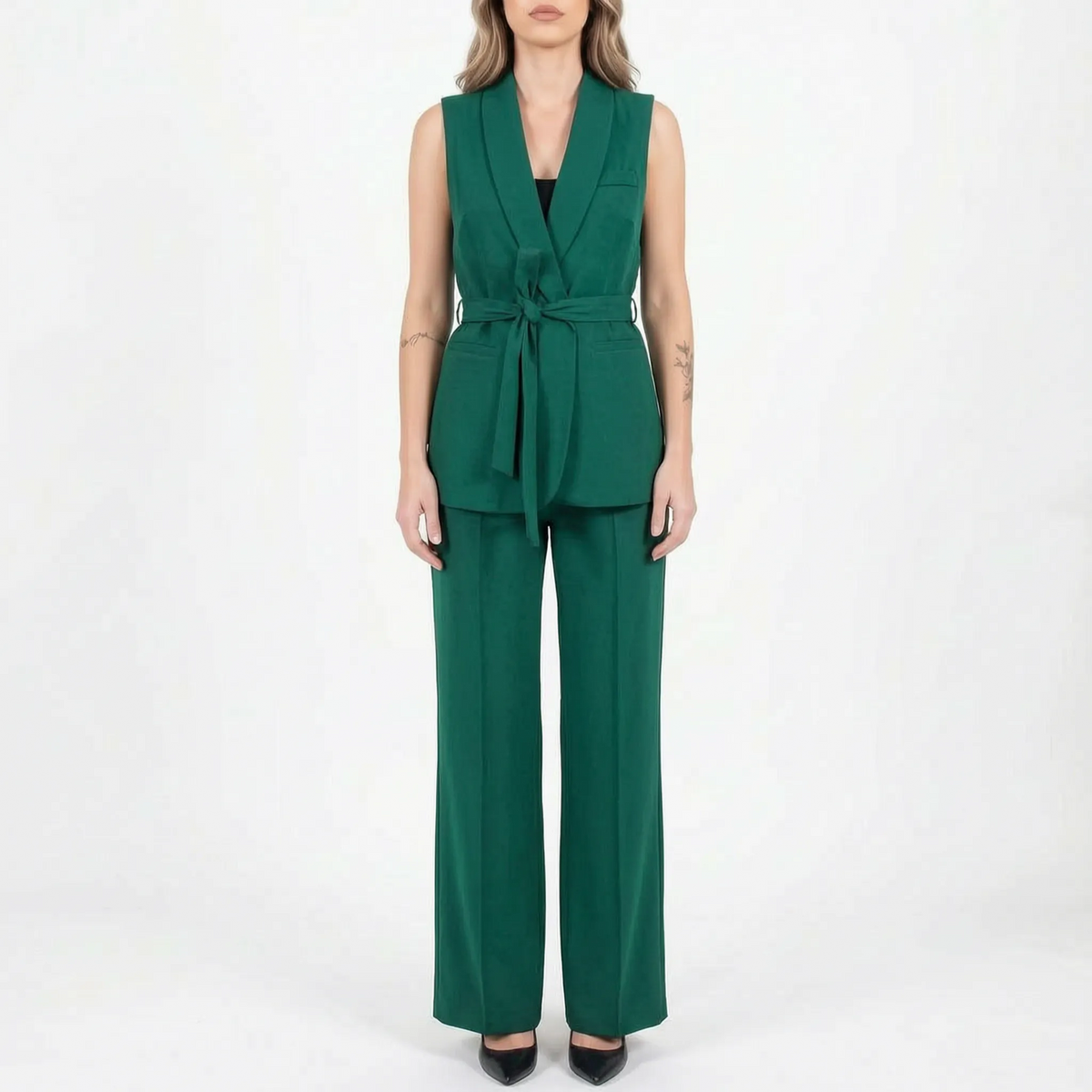 Women's sleeveless wrap waist trouser suit with wide-leg trousers