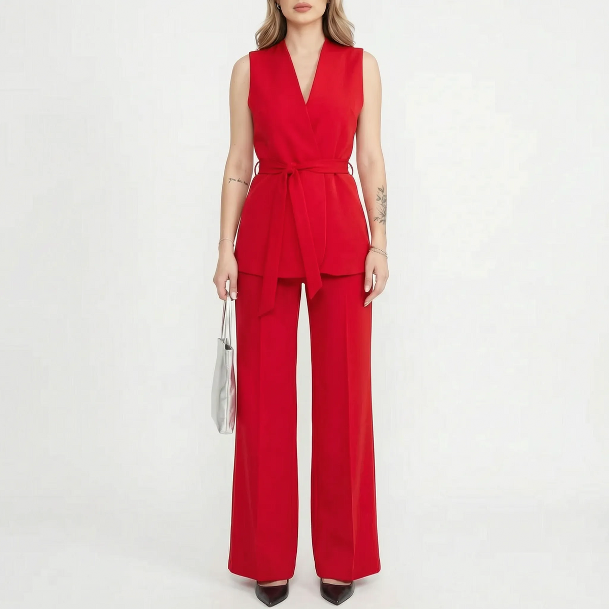 Women's sleeveless wrap waist trouser suit with wide-leg trousers