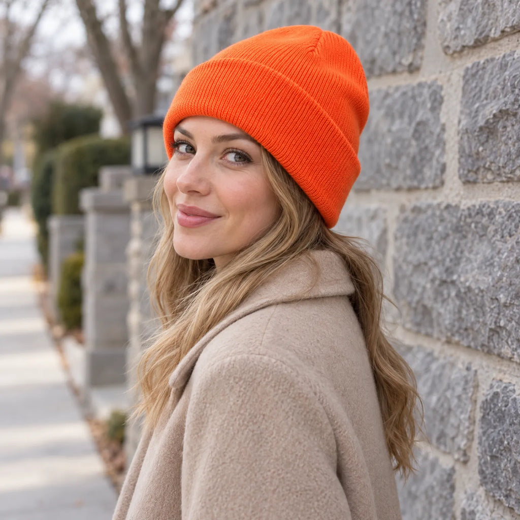 Ribbed knitted beanie hat with a turn-up cuff