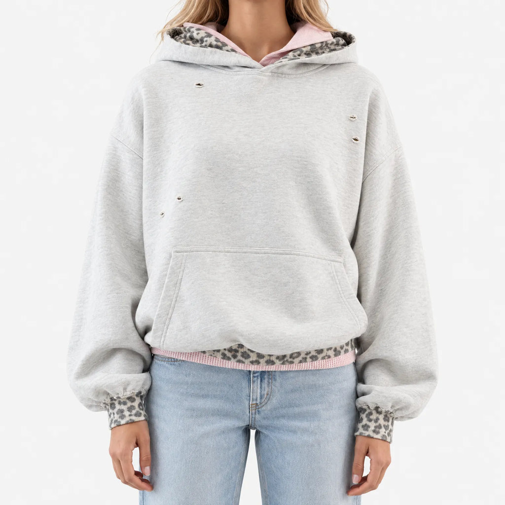 Women's oversized grey hoodie with distressed front details, animal-print hood lining and kangaroo pocket