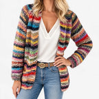 Women's chunky knit cardigan with multicoloured horizontal stripes and open front