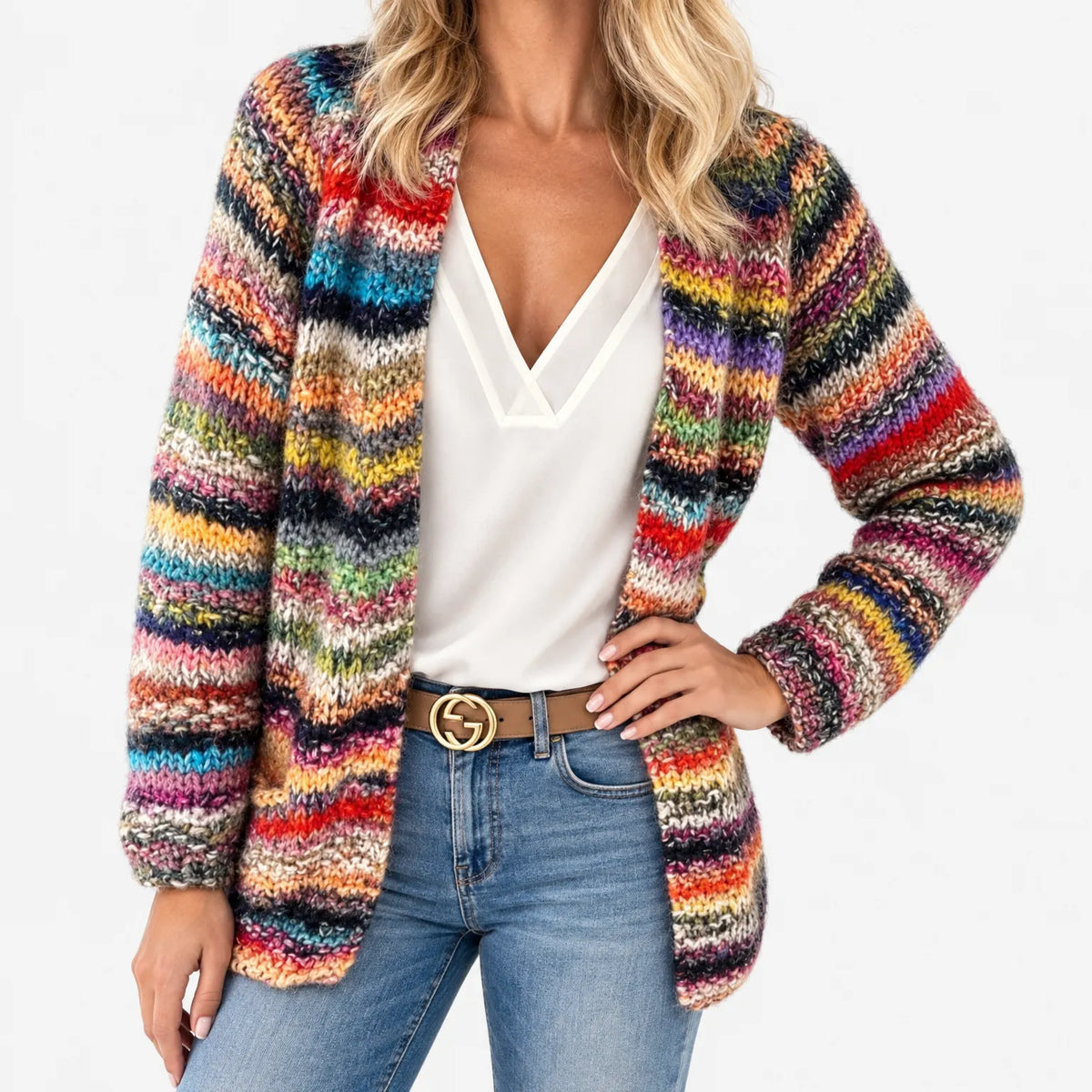 Women's chunky knit cardigan with multicoloured horizontal stripes and open front