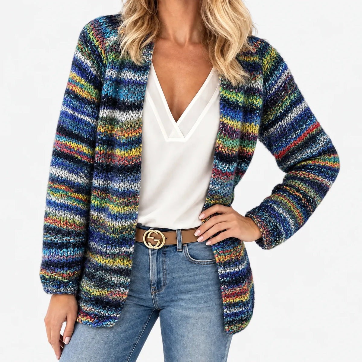 Women's chunky knit cardigan with multicoloured horizontal stripes and open front