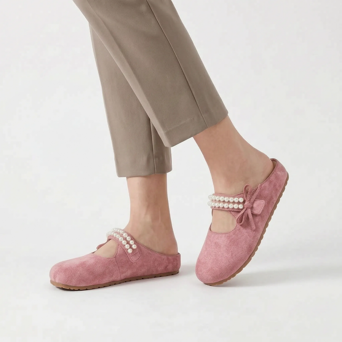 Women's backless mule flats with beaded instep straps and rounded toes