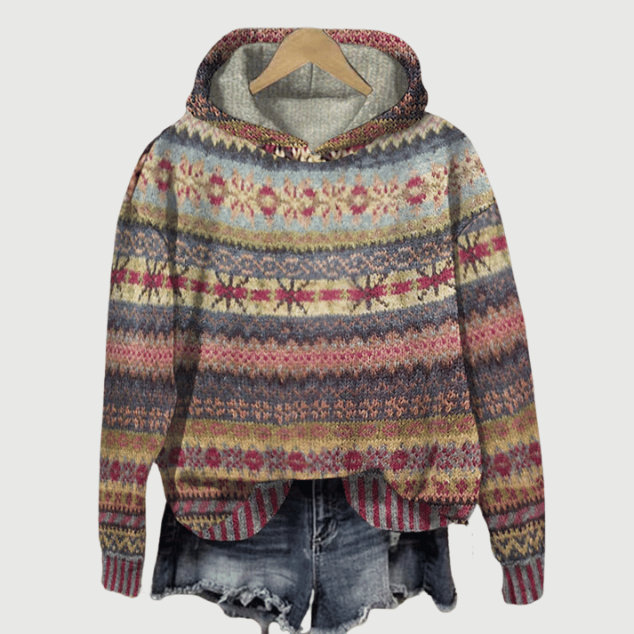 Women's multicoloured patterned hooded jumper with long sleeves and curved hem