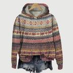 Women's multicoloured patterned hooded jumper with long sleeves and curved hem