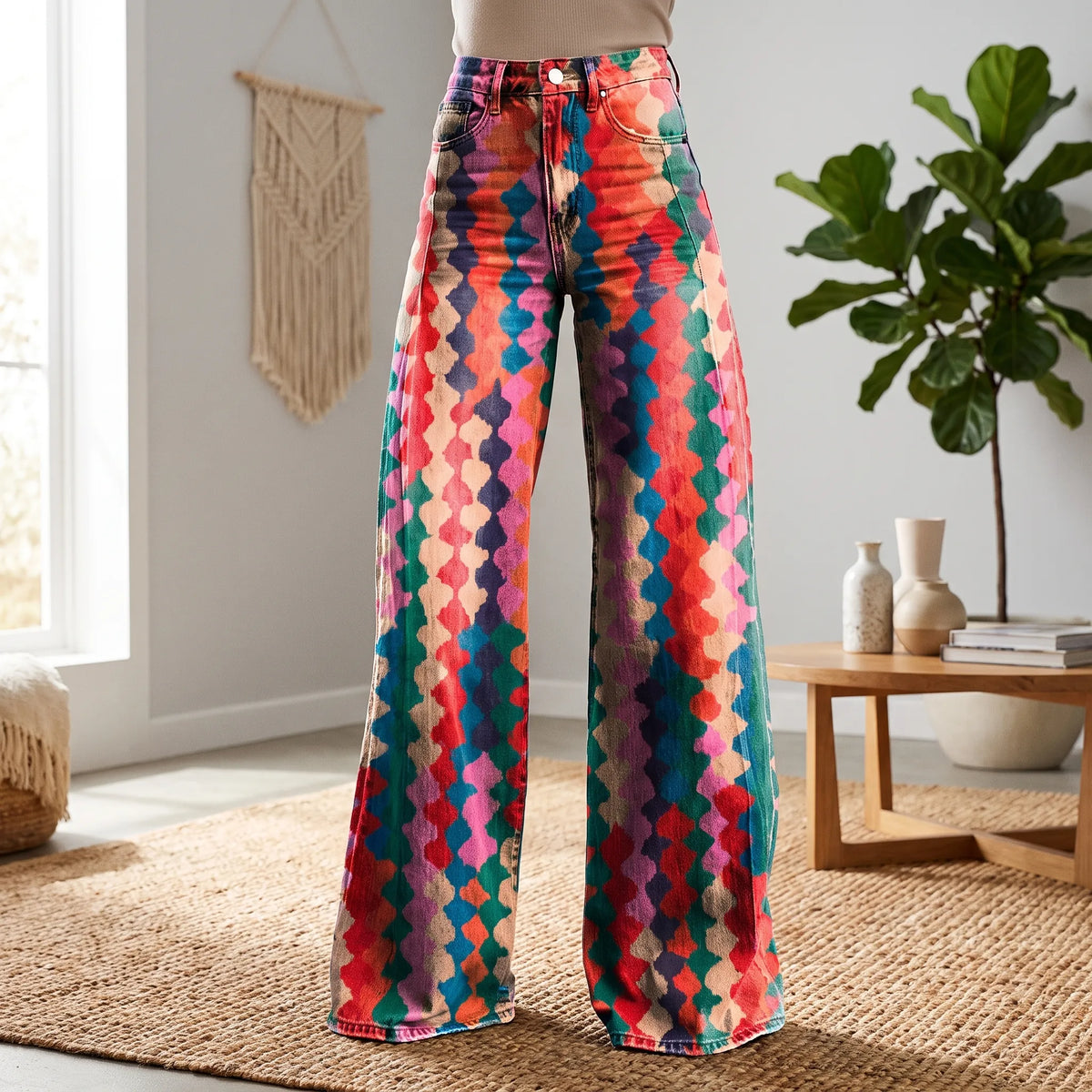 Vintara  - Geometric Print Wide Leg Trousers Statement Dressing