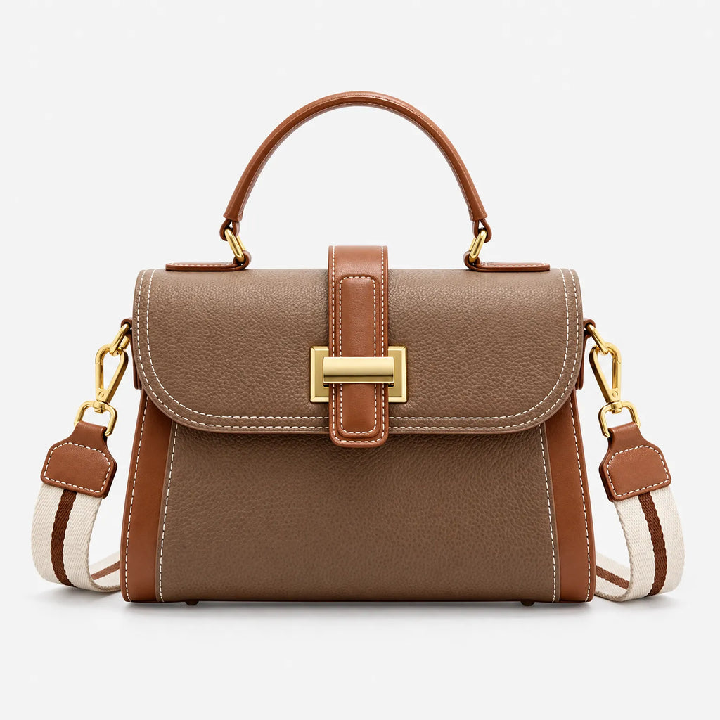 Structured crossbody handbag with flap clasp, top handle and wide shoulder strap