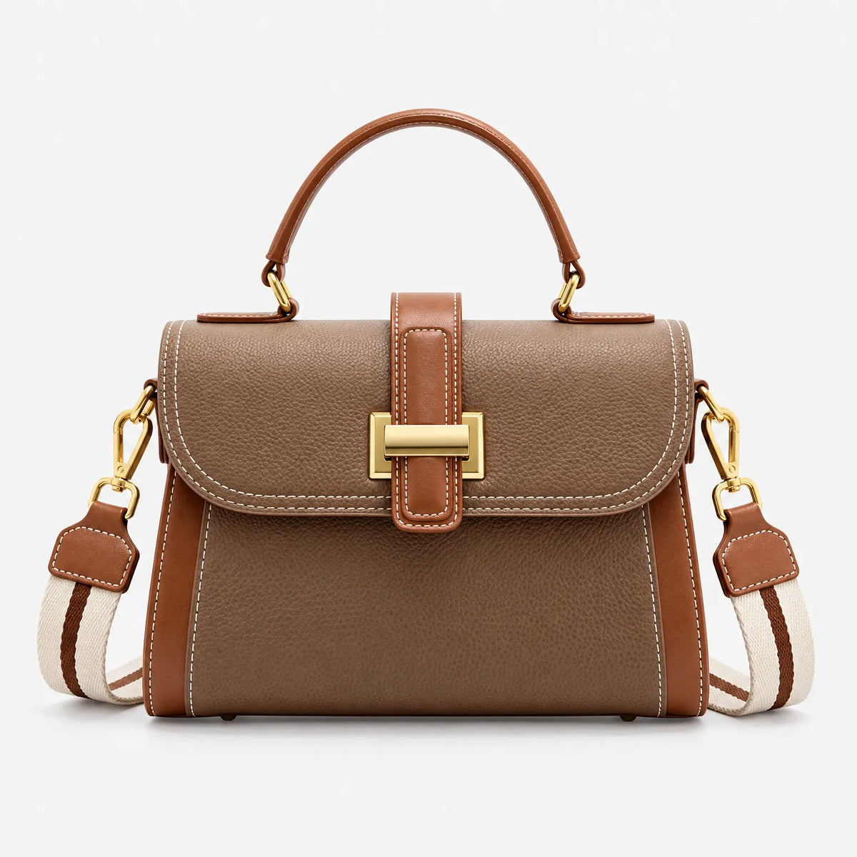 Structured crossbody handbag with flap clasp, top handle and wide shoulder strap